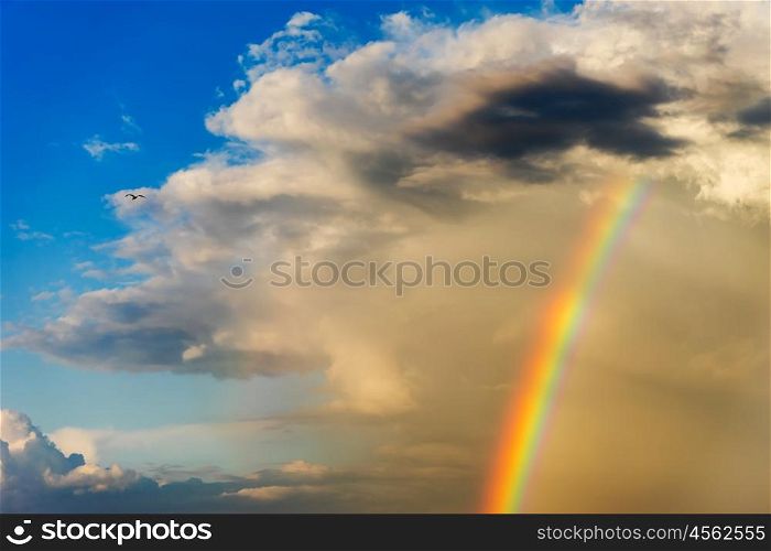 Rainbow breaks through the cumulus clouds in July