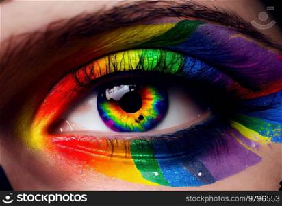 rainbow colored face lose up, lgbt pride concept. Gay pride parade