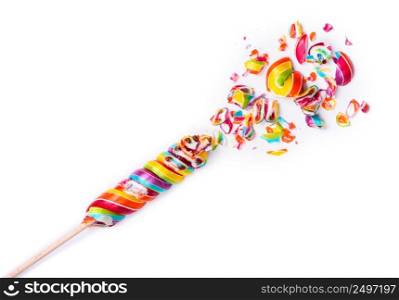Rainbow colorful crushed candy lollipop isolated on white background