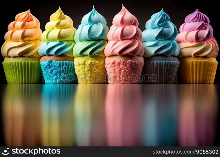 Rainbow colorful cupcakes. Illustration Generative AI. Rainbow colorful cupcakes. Illustration AI Generative