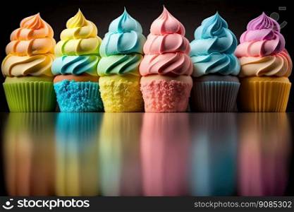 Rainbow colorful cupcakes. Illustration Generative AI. Rainbow colorful cupcakes. Illustration AI Generative