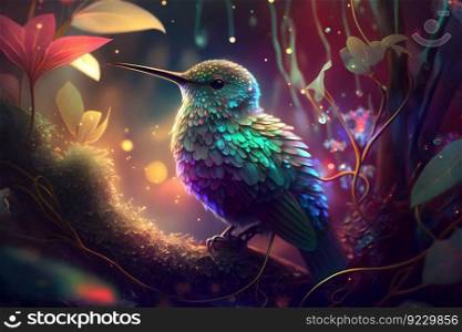 Rainbow colorful fairy hummingbird. Neural network AI generated. Rainbow colorful fairy hummingbird. Neural network AI generated art