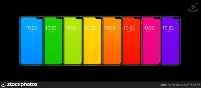 Rainbow colorful smartphone set banner. Isolated on black Background. 3D render. Rainbow colorful smartphone set banner. Isolated on black. 3D render