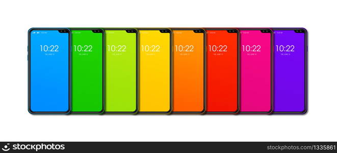 Rainbow colorful smartphone set banner. Isolated on white Background. 3D render. Rainbow colorful smartphone set banner. Isolated on white. 3D render