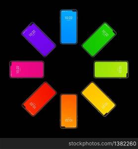 Rainbow colorful smartphone set in circle shape. isolated on black background. 3D render. Rainbow colorful smartphone set in circle shape. isolated on black. 3D render