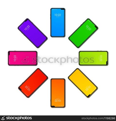 Rainbow colorful smartphone set in circle shape. isolated on white background. 3D render. Rainbow colorful smartphone set in circle shape. isolated on white. 3D render