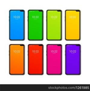 Rainbow colorful smartphone set isolated on white Background. 3D render. Rainbow colorful smartphone set isolated on white. 3D render
