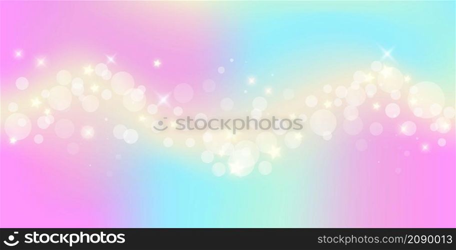 Rainbow fantasy background. Holographic illustration in pastel colors. Multicolored unicorn sky with stars and bokeh. Rainbow fantasy background. Holographic illustration in pastel colors. Multicolored unicorn sky with stars and bokeh.