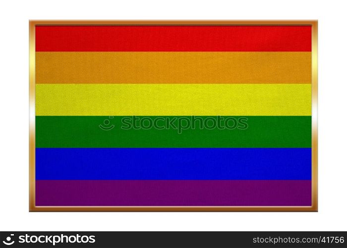 Rainbow gay pride flag. Symbol of LGBT movement. Gay banner, element, background. Correct colors. Rainbow flag , golden frame, fabric texture, illustration. Accurate size, color