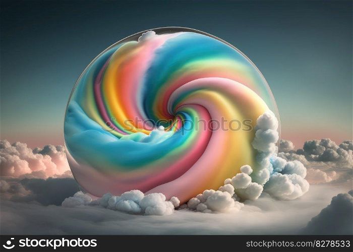rainbow glitter cotton candy swirling into cloud in the sky. distinct generative AI image.. rainbow glitter cotton candy swirling into cloud in the sky