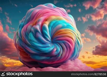 rainbow glitter cotton candy swirling into cloud in the sky. distinct generative AI image.. rainbow glitter cotton candy swirling into cloud in the sky