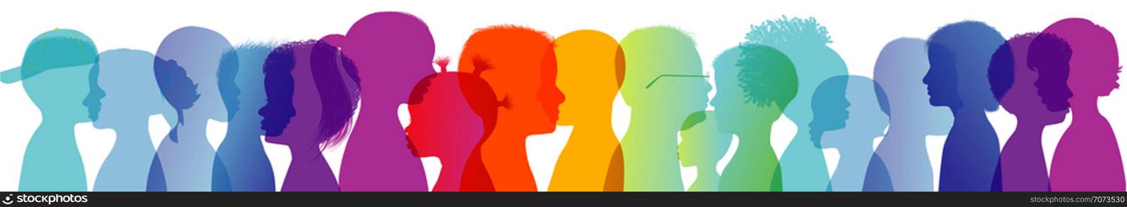 Rainbow group of modern children in colorful silhouette profile. Communication between multi-ethnic children. Children talking. Colored heads. Multiple exposure