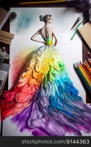 Rainbow inspired gown ball dress. Generative AI. High quality illustration. Rainbow inspired gown ball dress. Generative AI