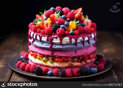Rainbow layered cake with berries and buttercream in a plate. Rainbow layered cake with berries and buttercream