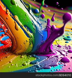 Rainbow liquid paint splash on blue background. Abstract colorful paint texture background. AI. Rainbow liquid paint splash. Abstract colorful background, AI