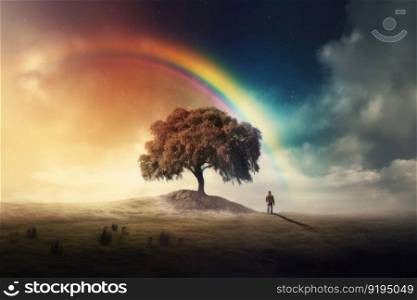 Rainbow naturen near tree. Bright sun. Generate Ai. Rainbow naturen near tree. Generate Ai