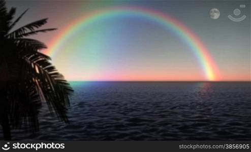 Rainbow Ocean with Full Moon Tropical Palm Tree HD Video Animation. Themes of promise, hope, forgiveness, God, weather, future, goodwill, nature, cruising, travel, backgrounds, celestial...