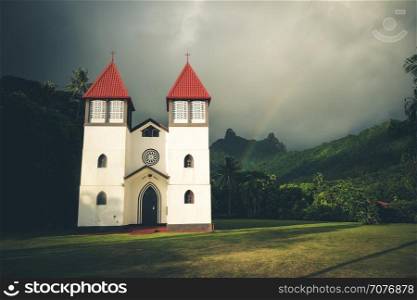 Rainbow on Haapiti church in Moorea island, landscape. French Polynesia. Rainbow on Haapiti church in Moorea island, landscape