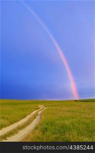 Rainbow on the dark blue sky over the meadow