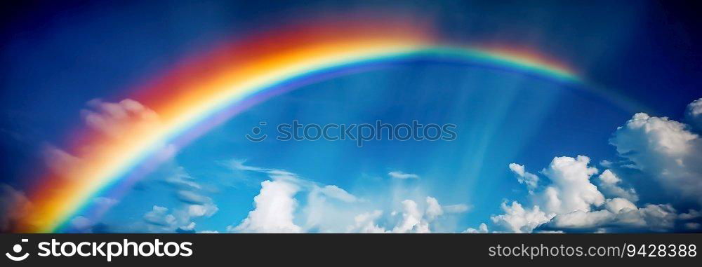 Rainbow on the sky with clouds background. Long banner with bright Rainbow and sun rays.. Rainbow on the sky with clouds background. Long banner with bright Rainbow and sun rays