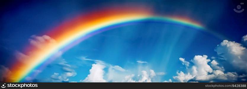 Rainbow on the sky with clouds background. Long banner with bright Rainbow and sun rays.. Rainbow on the sky with clouds background. Long banner with bright Rainbow and sun rays