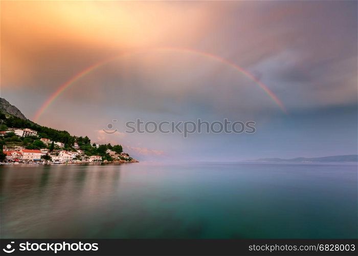 Rainbow over the Small Village in Omis Riviera after the Rain, Dalmatia, Croatia