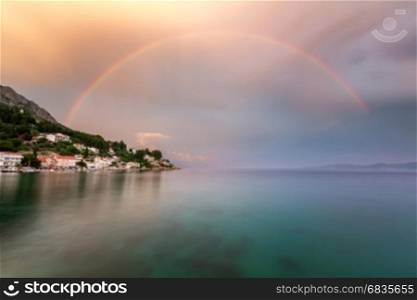 Rainbow over the Small Village in Omis Riviera after the Rain, Dalmatia, Croatia
