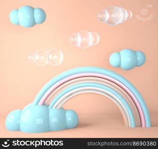 Rainbow with clouds on pastel background , 3d.. rainbow with clouds on pastel background , 3d render