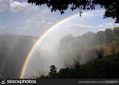 Rainbows in the spray at Victoria Falls on the Zimbabwe and Zambia border.