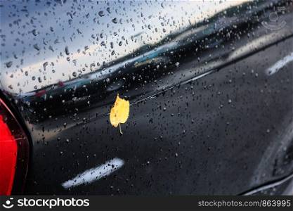 Raindrops and yellow leaf on black car after the rain at early fall.