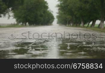 Raindrops In Road Puddle, Surface Level