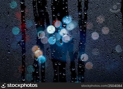 raindrops on the window and street lights at night