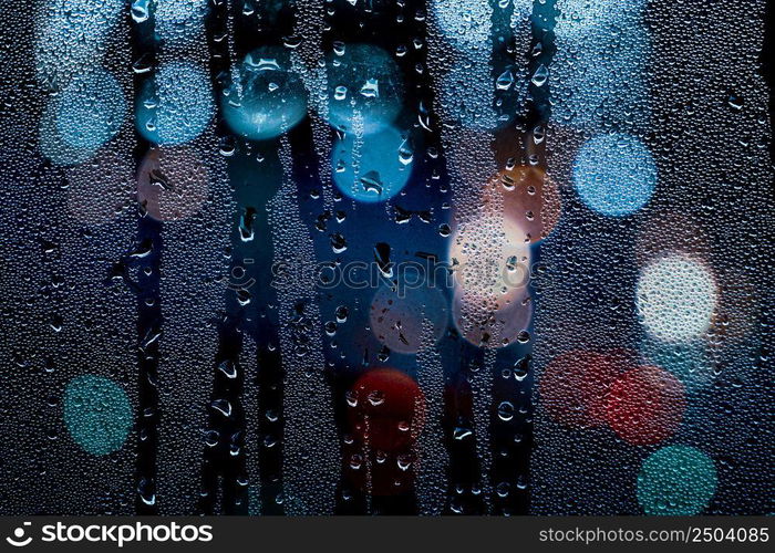 raindrops on the window and street lights at night