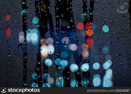 raindrops on the window and street lights at night