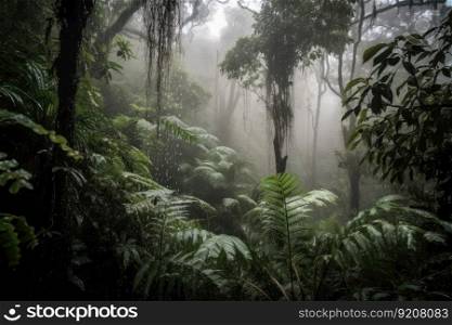 rainforest mist hanging over the landscape, with droplets of water suspended in the air, created with generative ai. rainforest mist hanging over the landscape, with droplets of water suspended in the air