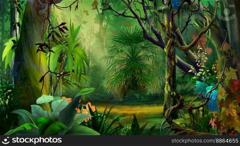 Rainforest tropical plants in the forest thicket at day. Digital Painting Background, Illustration.. Rainforest thicket illustration