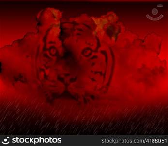 Raining Fiery Red Storm Clouds with Tiger Face Impression Background