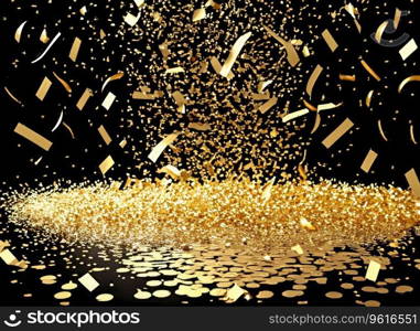 raining gold confetti isolated on black, party background concept with copy space for award