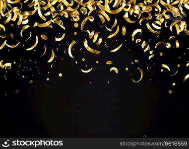 raining gold confetti isolated on black, party background concept with copy space for award