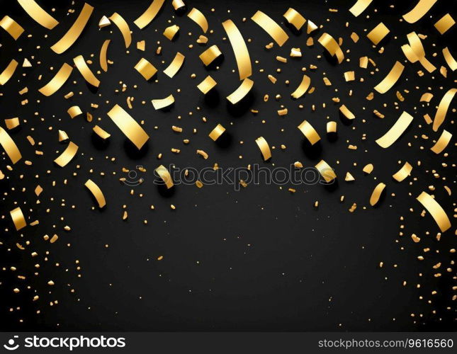 raining gold confetti isolated on black, party background concept with copy space for award