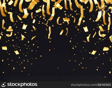 raining gold confetti isolated on black, party background concept with copy space for award