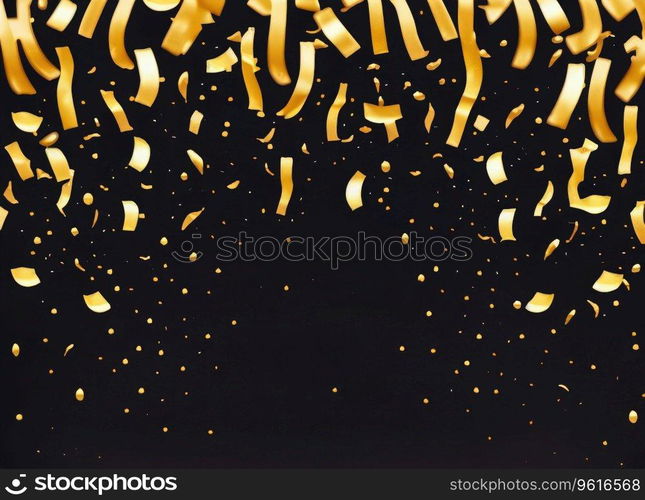 raining gold confetti isolated on black, party background concept with copy space for award