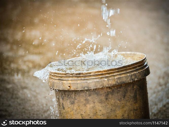 rainwater harvesting in the bucket after heavy rain