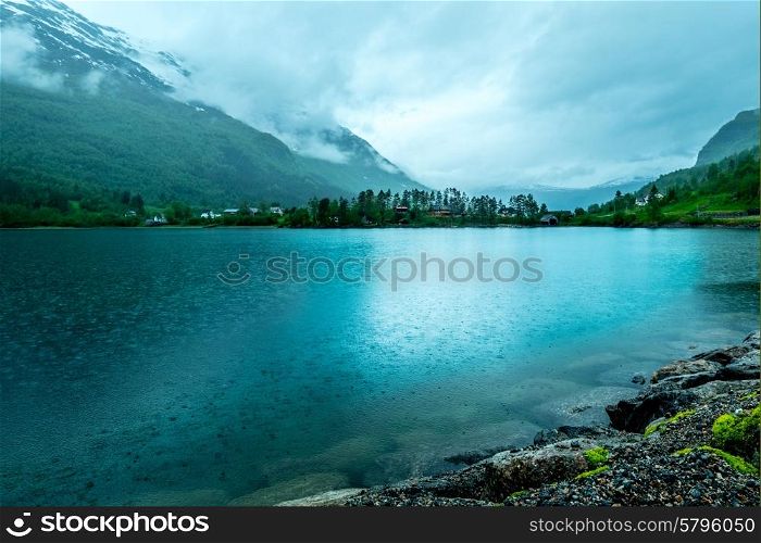 Rainy cloudy landscape of Norway.
