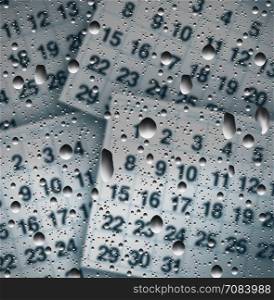 Rainy day schedule concept as a wet window with rain water drops on glass with calendar pages as a weather forecast or scheduling change due to precipitation or storm in a 3D illustration style.