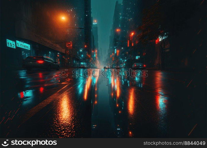 Rainy foggy night on a street of a cyberpunk city. Huge neon skyscrapers. Wet asphalt reflecting glowing neon lights. Gloomy urban scene created by generative AI