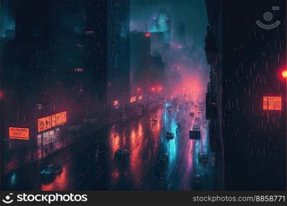 Rainy foggy night on a street of a cyberpunk city. Huge neon skyscrapers. Wet asphalt reflecting glowing neon lights. Gloomy urban scene created by generative AI