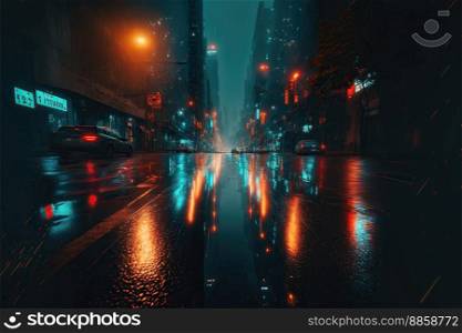 Rainy foggy night on a street of a cyberpunk city. Huge neon skyscrapers. Wet asphalt reflecting glowing neon lights. Gloomy urban scene created by generative AI