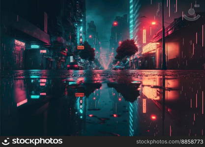 Rainy foggy night on a street of a cyberpunk city. Huge neon skyscrapers. Wet asphalt reflecting glowing neon lights. Gloomy urban scene created by generative AI