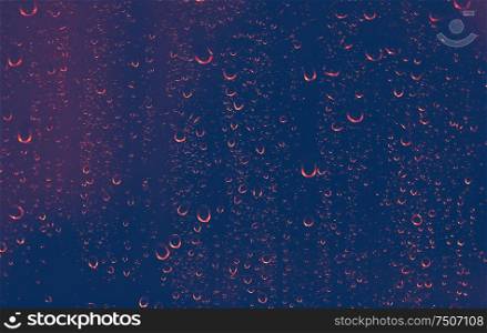 Rainy night background, rain drops in red light on the window at night, autumn season backdrop, abstract textured wallpaper, cold autumnal weather